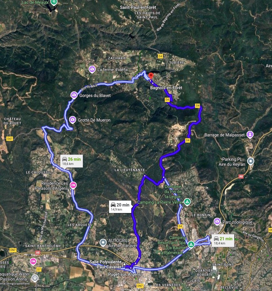 Acces BAGNOLS Parking du Porro 1 trajet depuis Puget