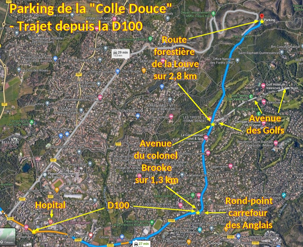Acces FREJUS Colle Douce 2 Trajet depuis la D100