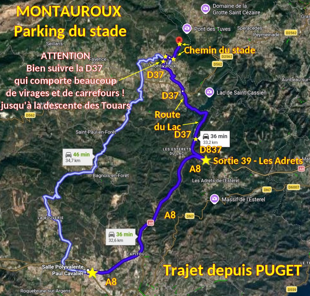 Acces MONTAUROUX Parking du stade 1 Trajet depuis Puget