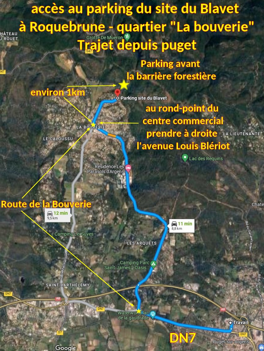 Acces ROQUEBRUNE Parking site du blavet 1 trajet depuis puget